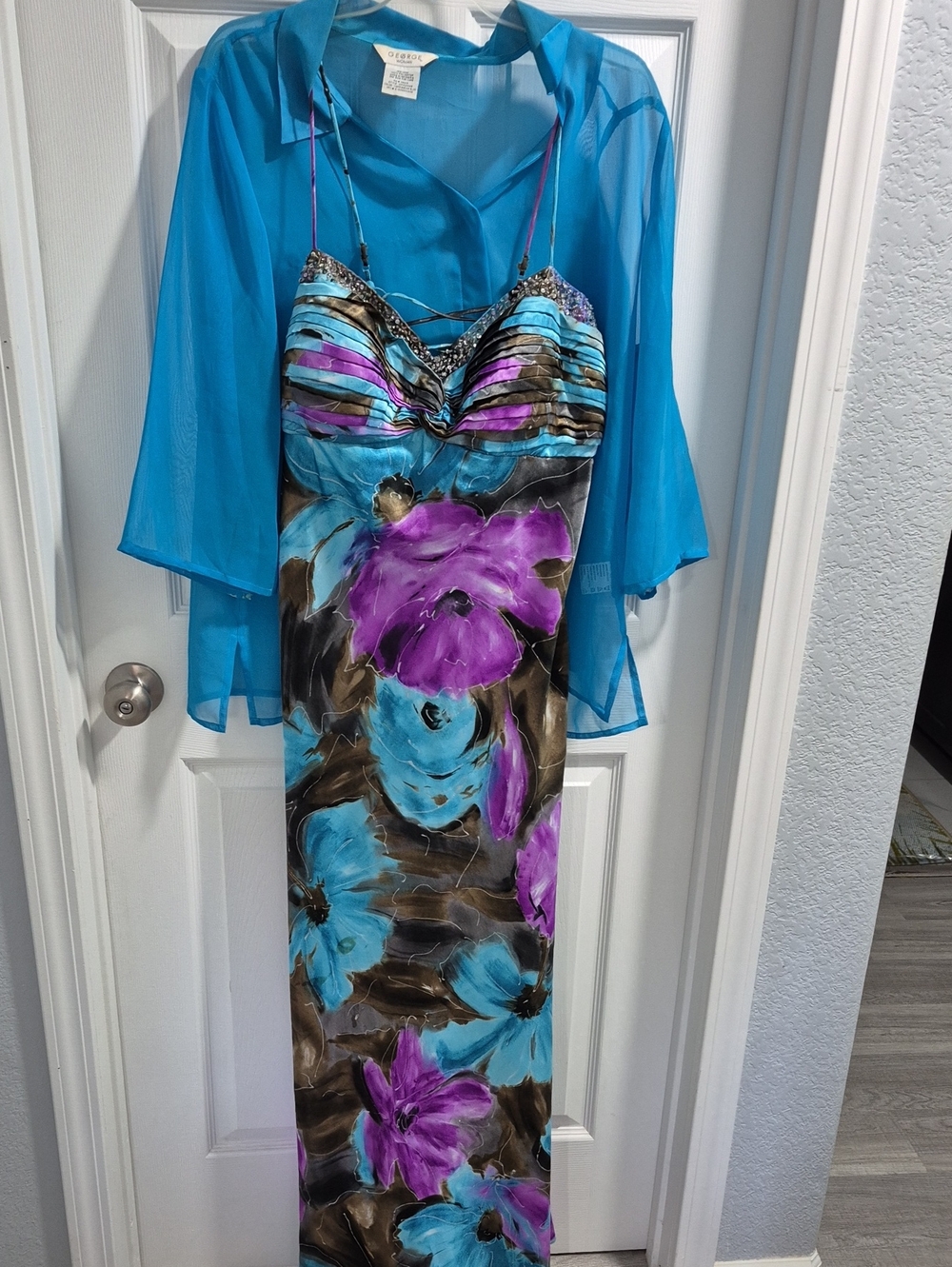 Ignite Evenings Turquoise & Purple Floral Maxi Gown with Sheer Jacket